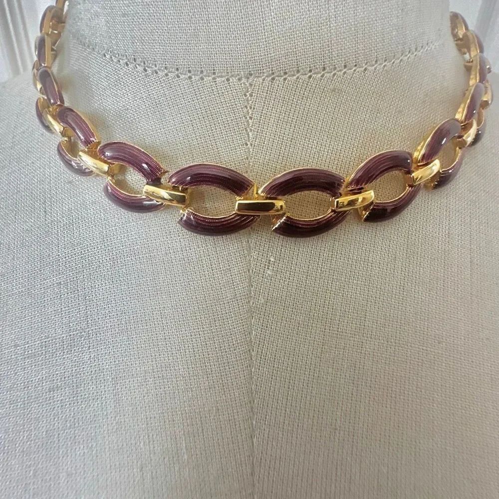 Vintage Gold & Plum Enamel Link Necklace